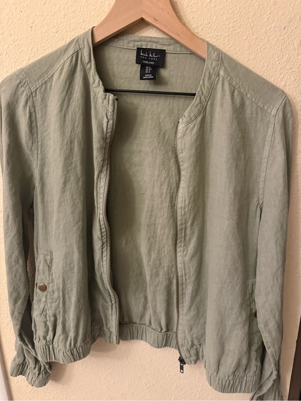 Nicole Miller Sage Green Linen-Blend Bomber Jacket